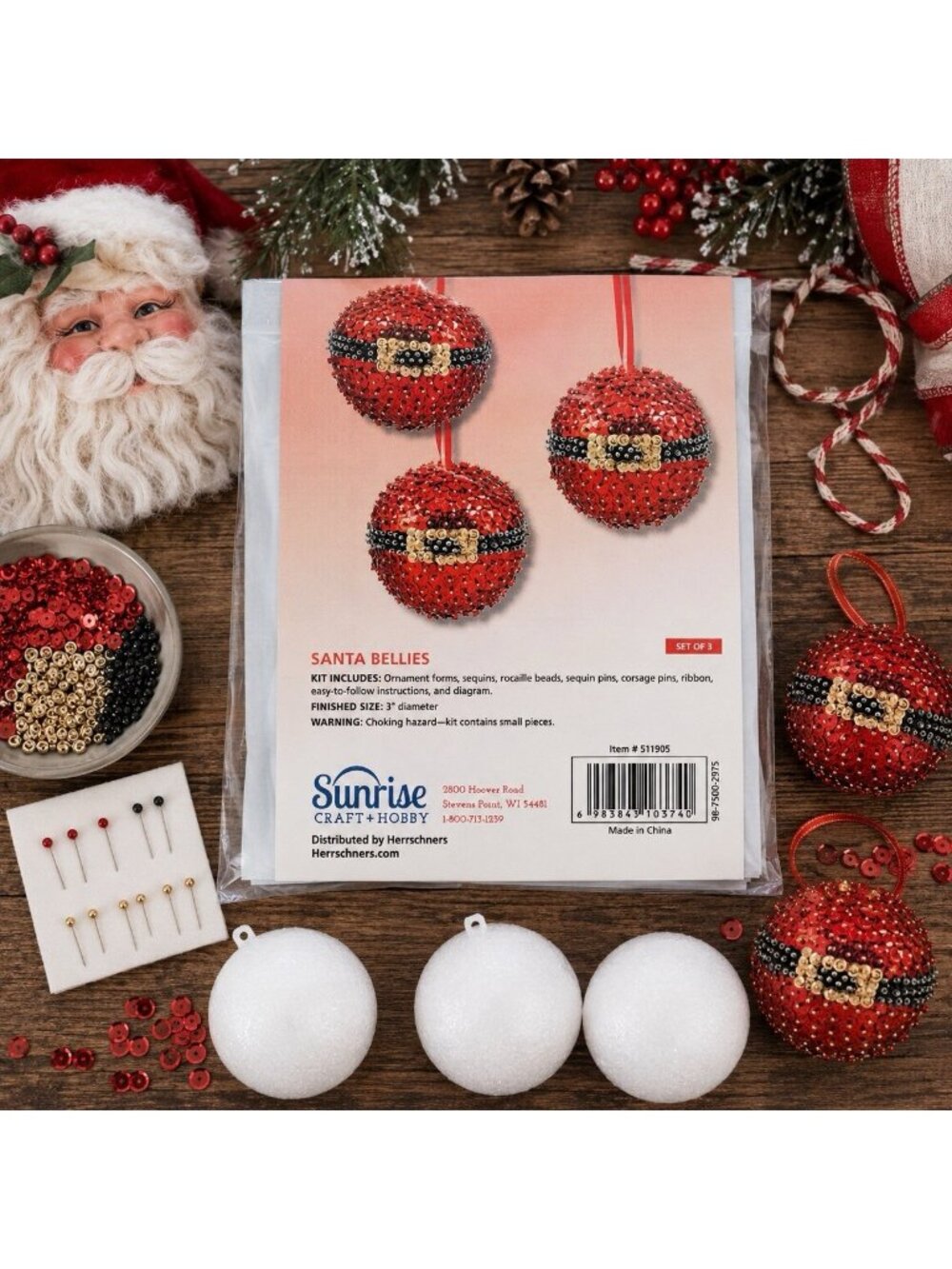 Vintage Sunrise Sequin Push Pin Ornament Craft Kit Red Santa Bellies Christmas
